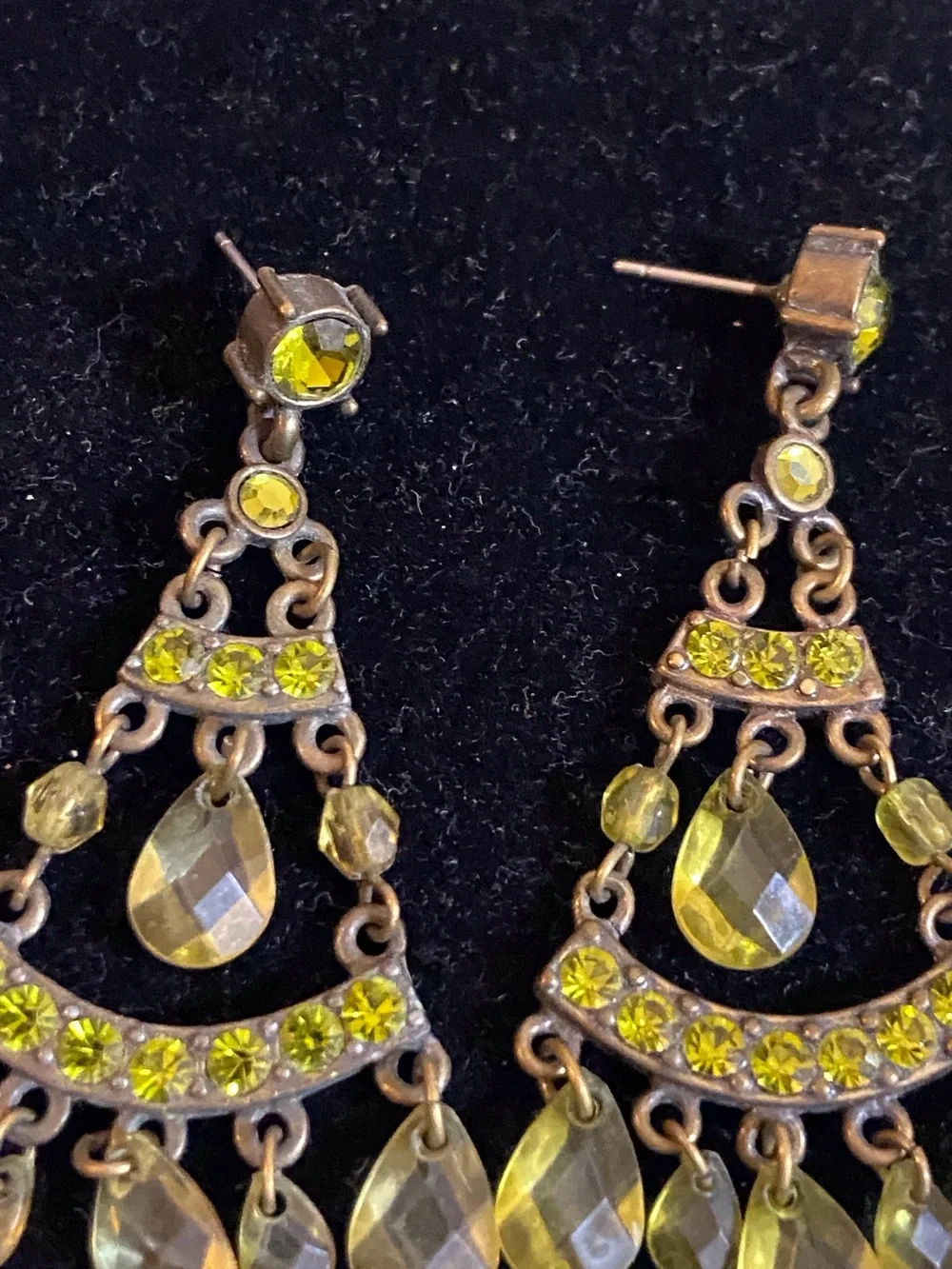 Vintage Yellow Green Teardrop Chandelier Earrings with Crystal Accents